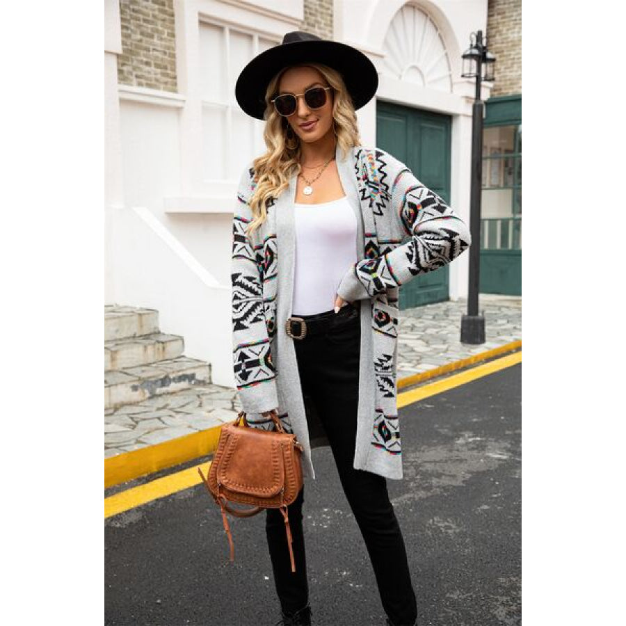 Pocketed Geometric Open Front Dropped Shoulder Cardigan Apparel and Accessories