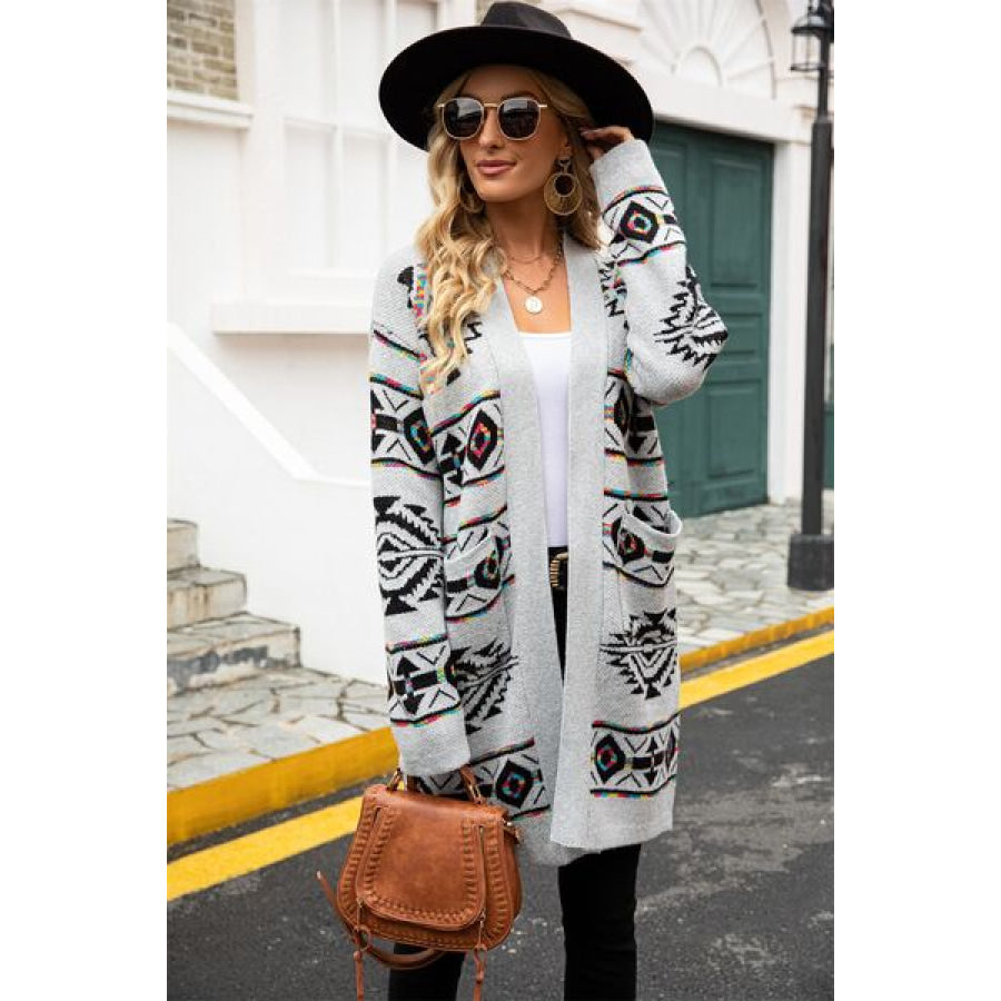 Pocketed Geometric Open Front Dropped Shoulder Cardigan Apparel and Accessories