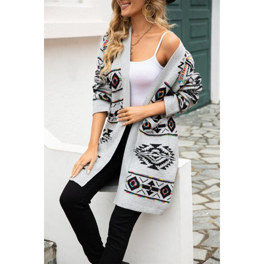 Pocketed Geometric Open Front Dropped Shoulder Cardigan Apparel and Accessories