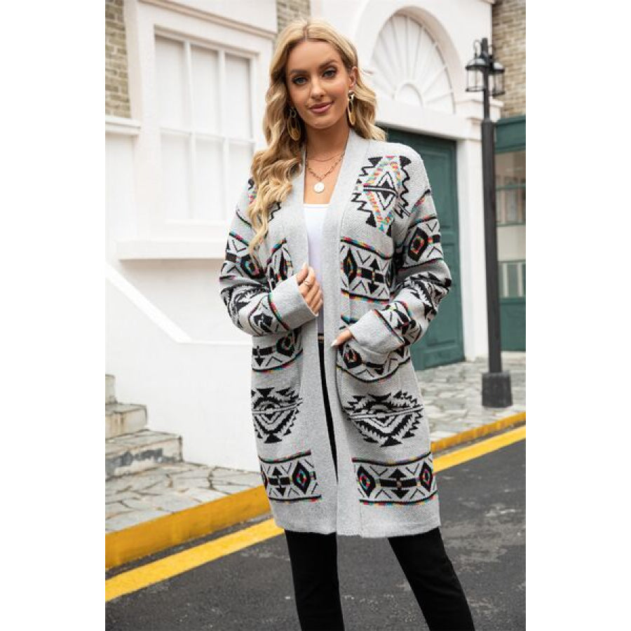 Pocketed Geometric Open Front Dropped Shoulder Cardigan Apparel and Accessories