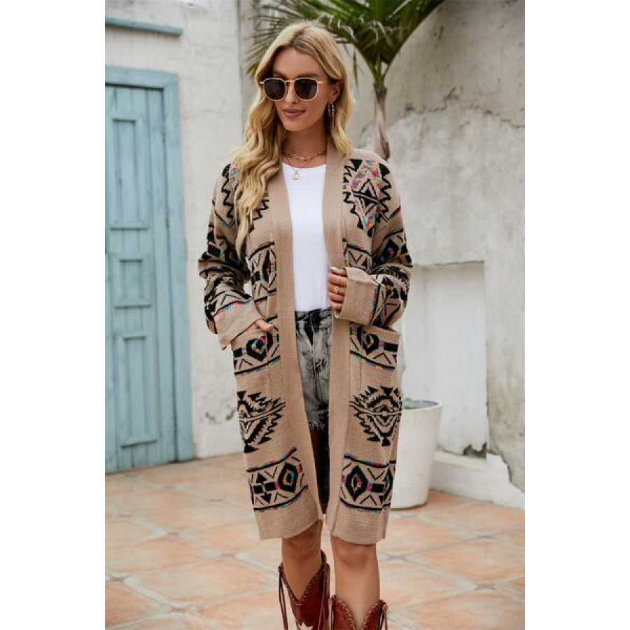 Pocketed Geometric Open Front Dropped Shoulder Cardigan Apparel and Accessories