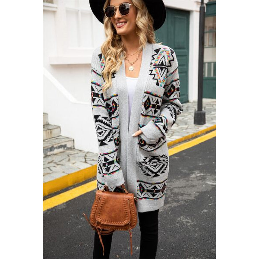 Pocketed Geometric Open Front Dropped Shoulder Cardigan Light Gray / S Apparel and Accessories