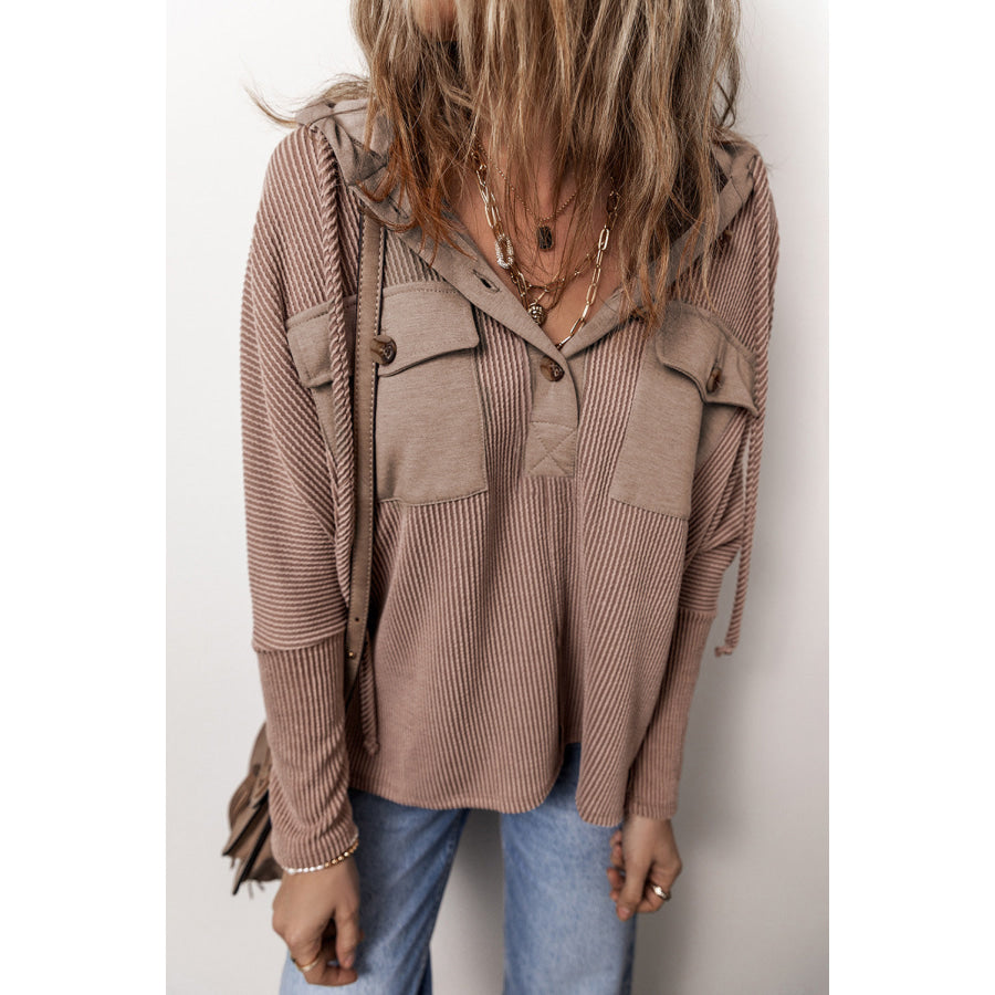 Pocketed Half Button Long Sleeve Hoodie Mocha / S Apparel and Accessories