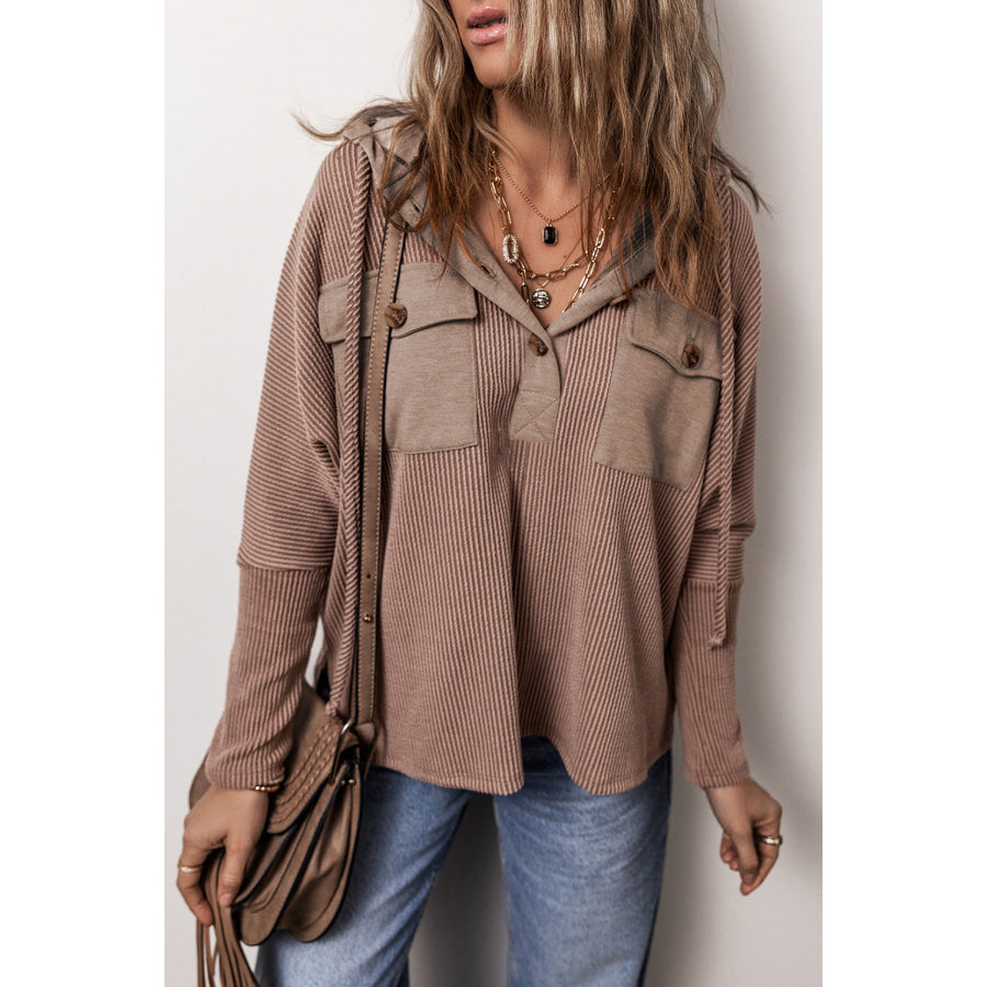 Pocketed Half Button Long Sleeve Hoodie Mocha / S Apparel and Accessories