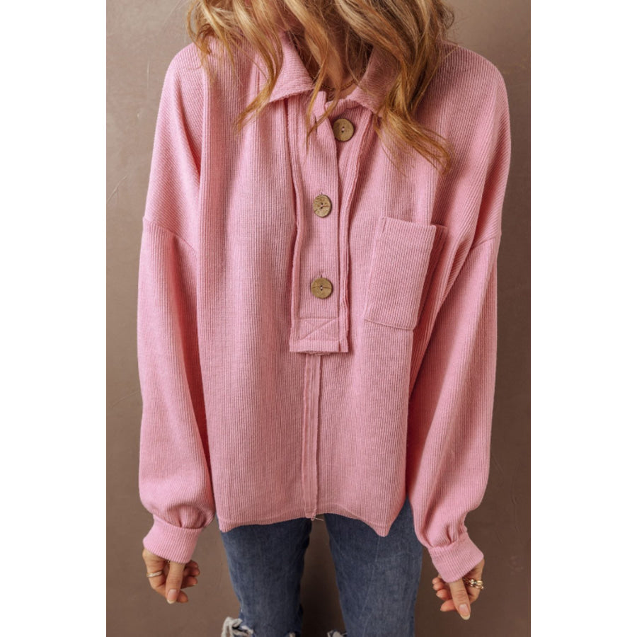 Pocketed Half Button Long Sleeve Sweatshirt Apparel and Accessories