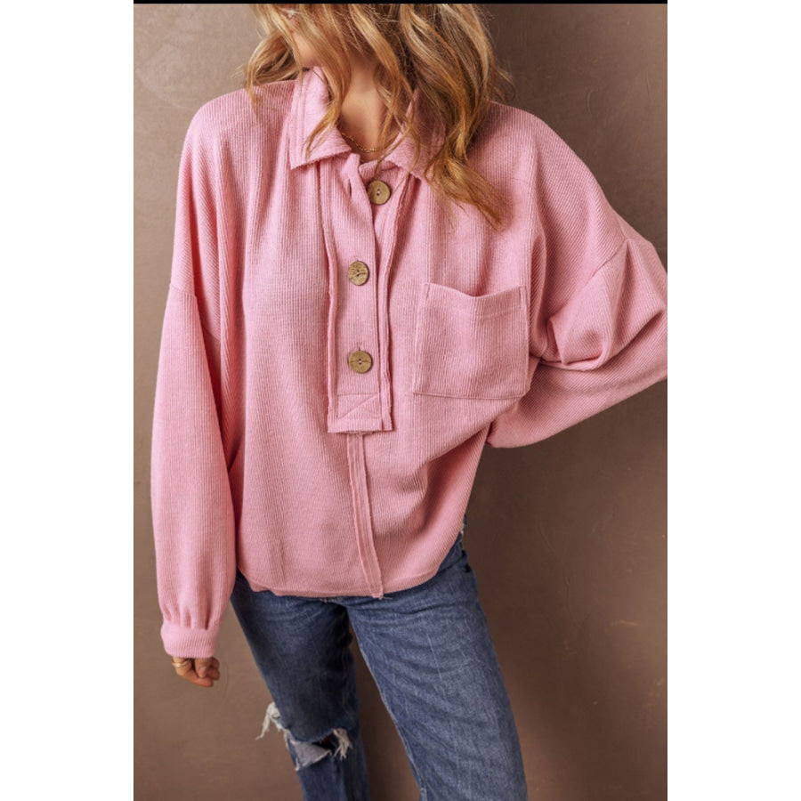 Pocketed Half Button Long Sleeve Sweatshirt Pink / S Apparel and Accessories