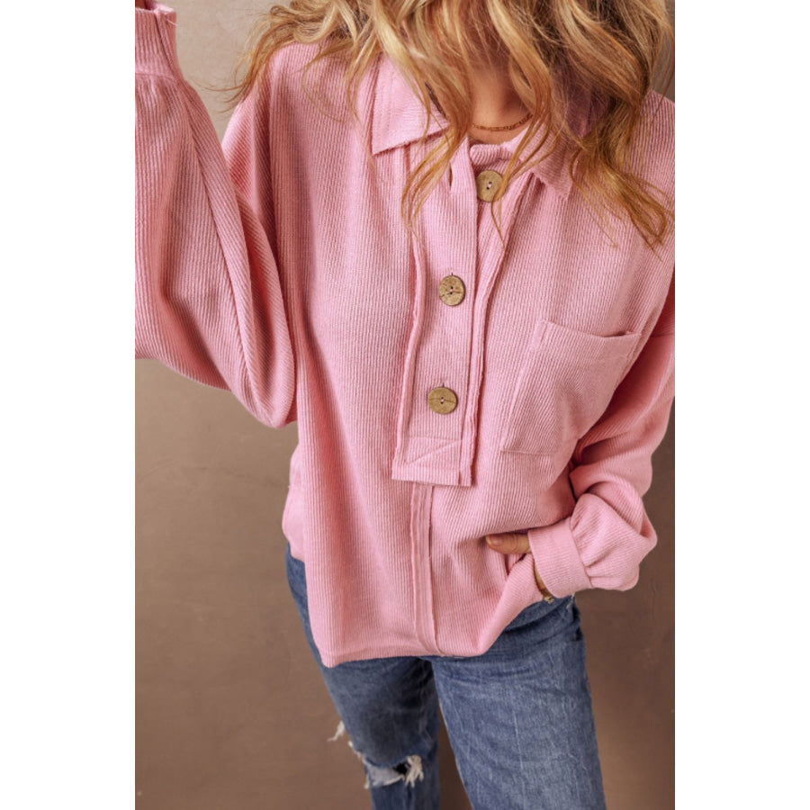 Pocketed Half Button Long Sleeve Sweatshirt Apparel and Accessories