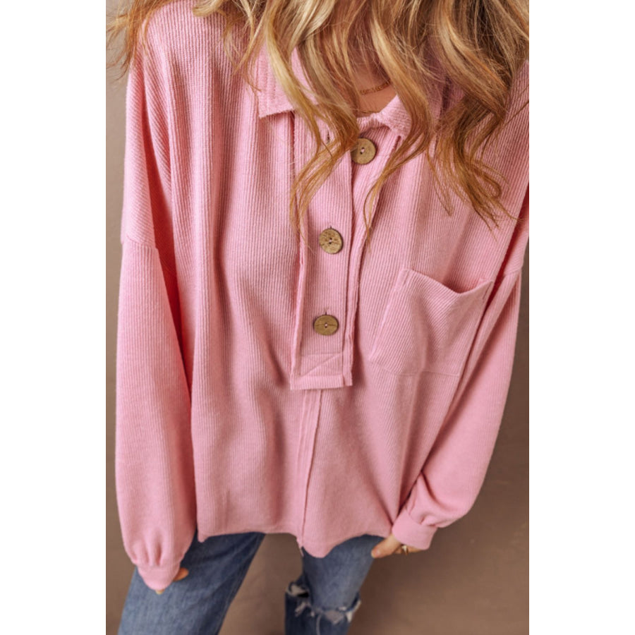 Pocketed Half Button Long Sleeve Sweatshirt Apparel and Accessories