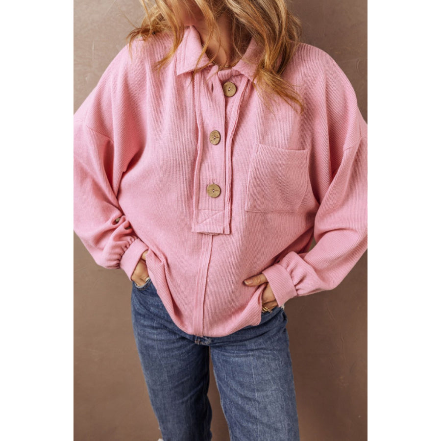 Pocketed Half Button Long Sleeve Sweatshirt Pink / S Apparel and Accessories