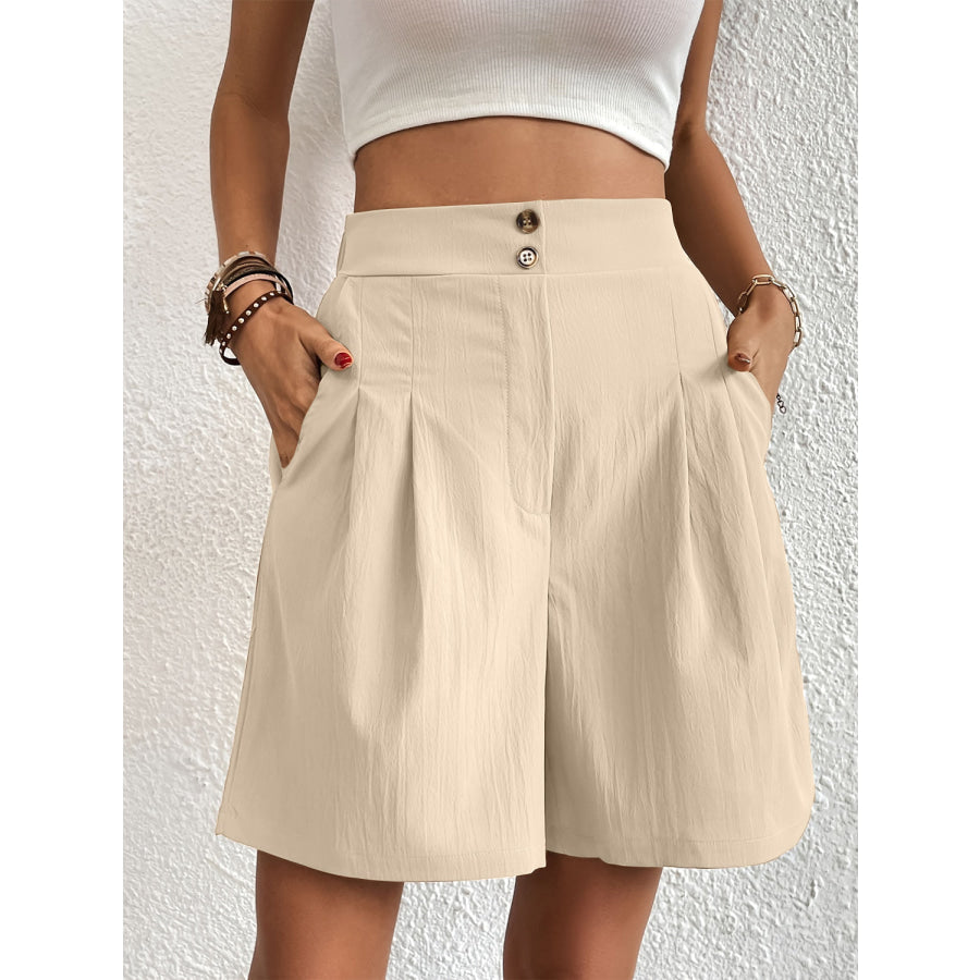 Pocketed Half Elastic Waist Shorts Beige / S Apparel and Accessories