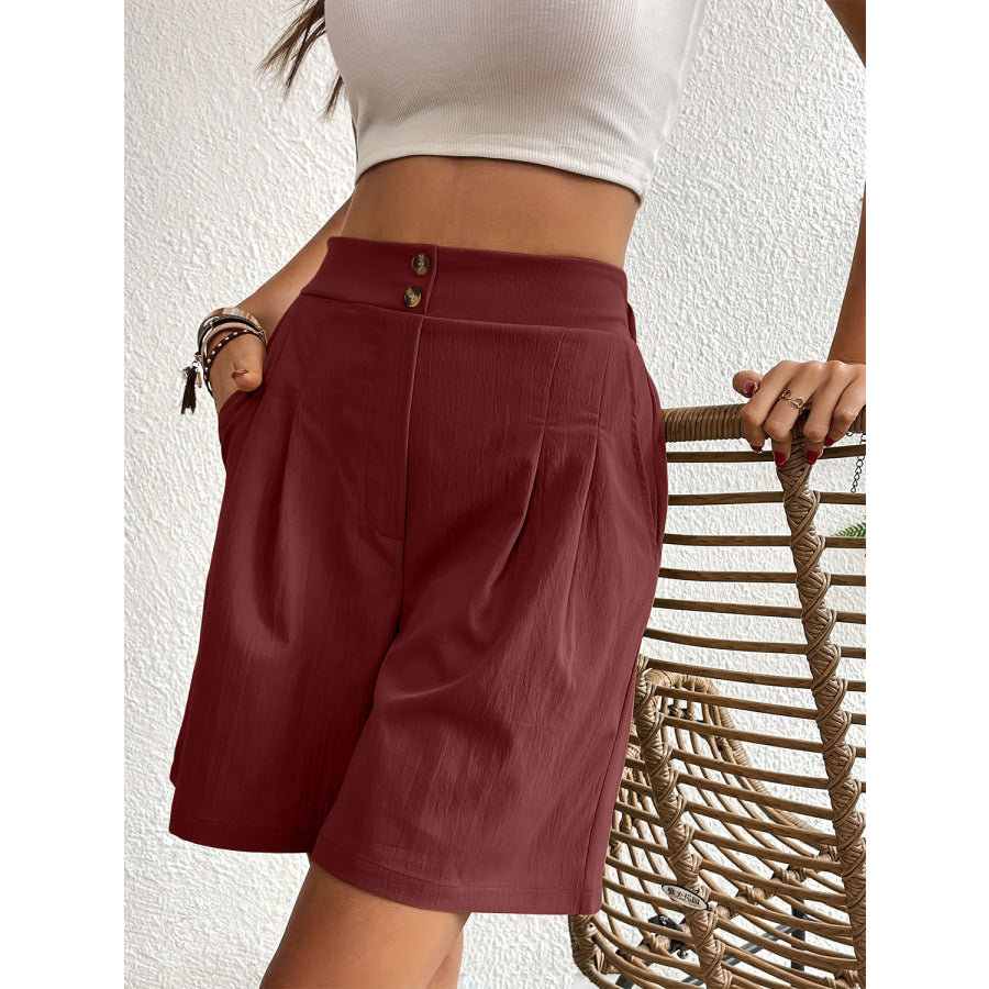 Pocketed Half Elastic Waist Shorts Burgundy / S Apparel and Accessories