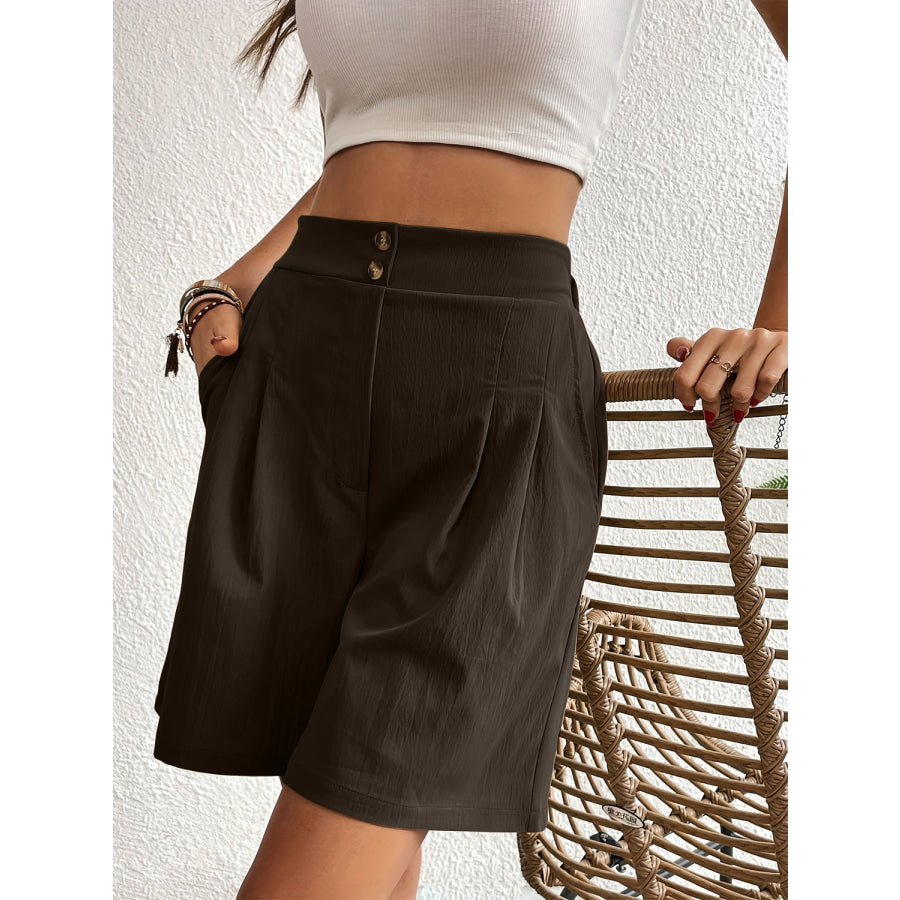 Pocketed Half Elastic Waist Shorts Chocolate / S Apparel and Accessories