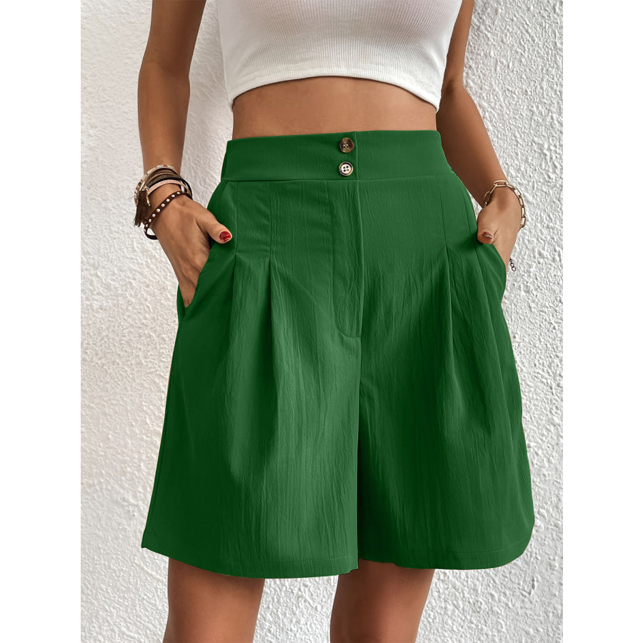 Pocketed Half Elastic Waist Shorts Dark Green / S Apparel and Accessories