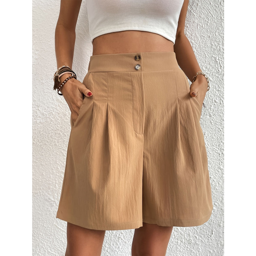 Pocketed Half Elastic Waist Shorts Khaki / S Apparel and Accessories