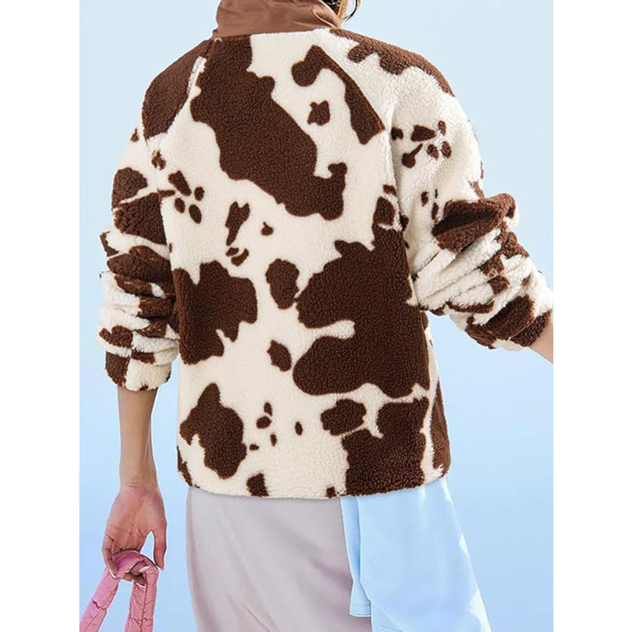 Pocketed Half Snap Sherpa Jacket Cow Print / S Apparel and Accessories