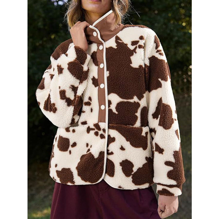 Pocketed Half Snap Sherpa Jacket Cow Print / S Apparel and Accessories