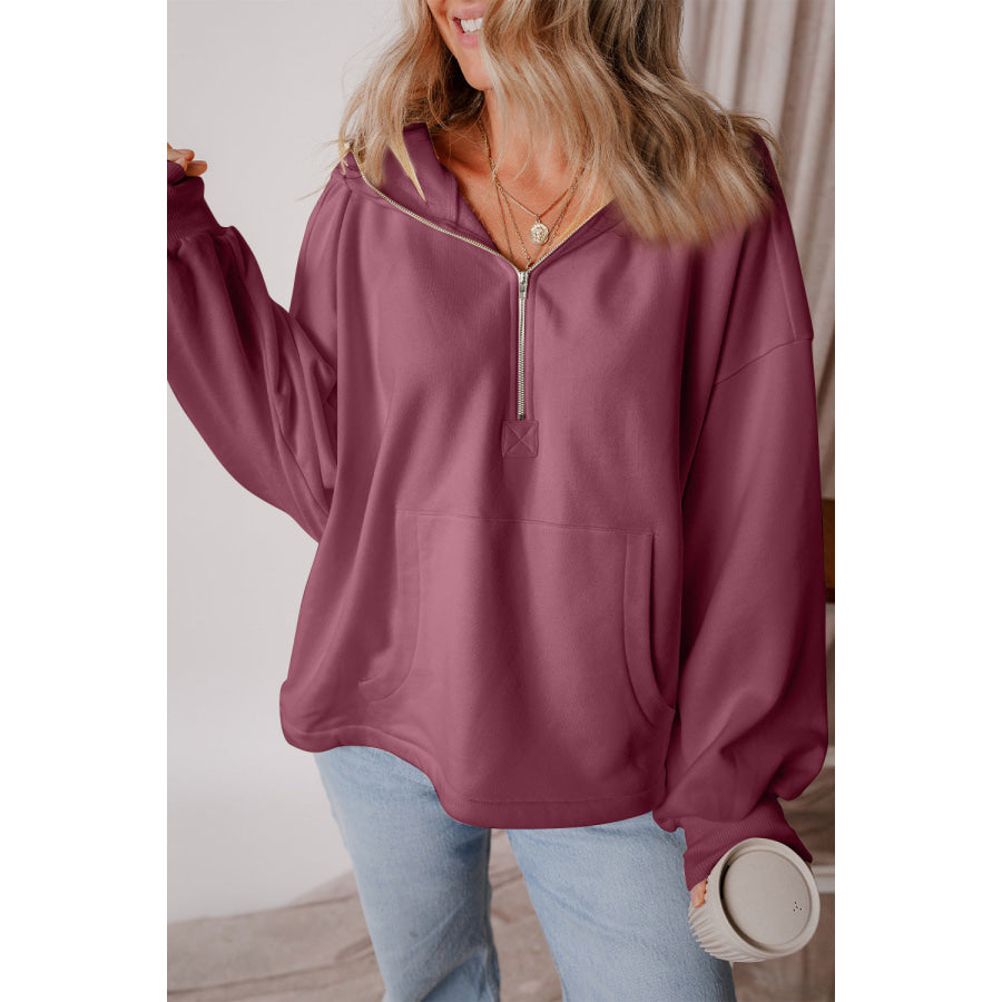 Pocketed Half Zip Dropped Shoulder Hoodie Apparel and Accessories