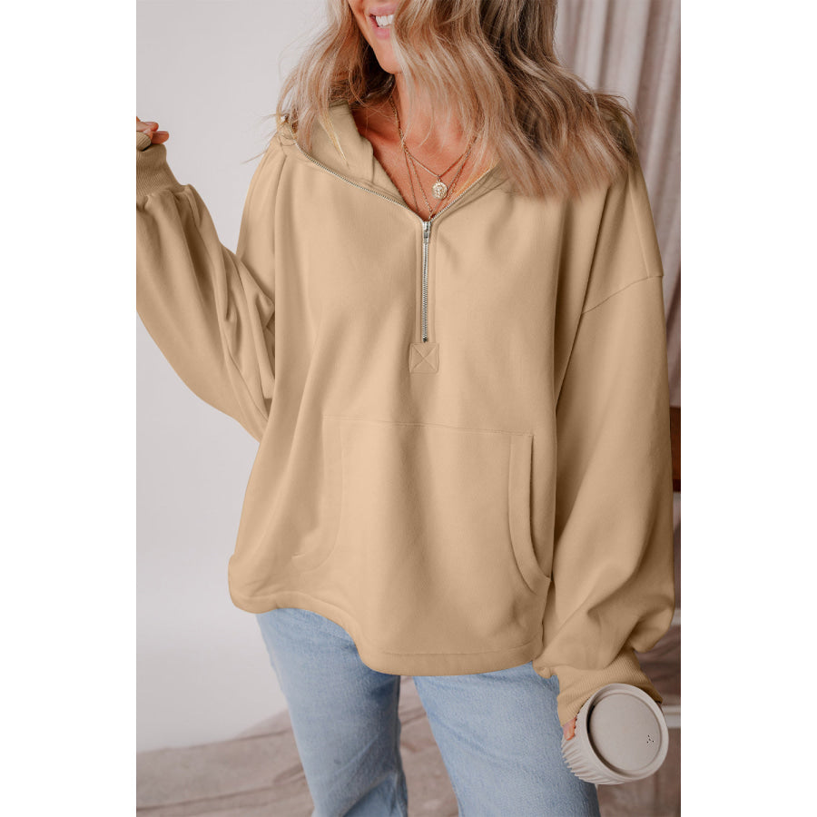 Pocketed Half Zip Dropped Shoulder Hoodie Apparel and Accessories