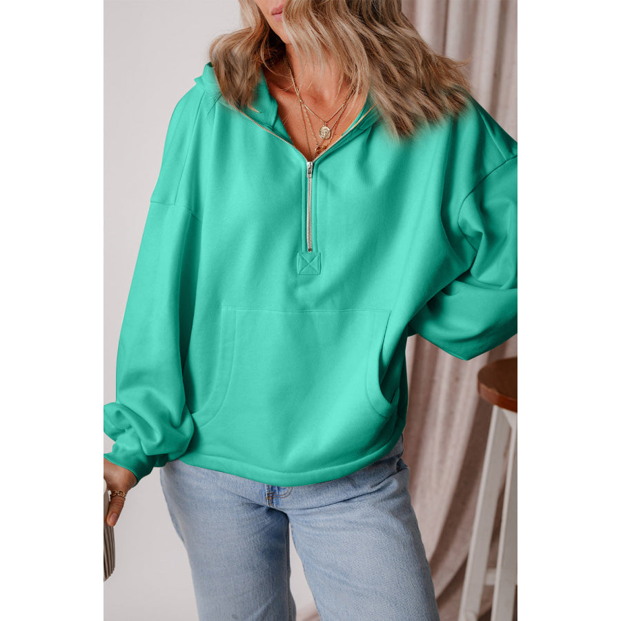 Pocketed Half Zip Dropped Shoulder Hoodie Apparel and Accessories