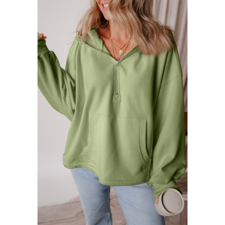 Pocketed Half Zip Dropped Shoulder Hoodie Apparel and Accessories