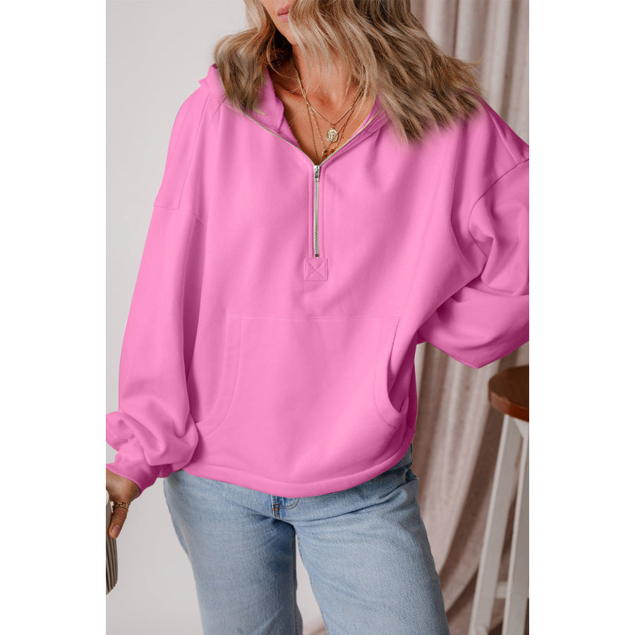 Pocketed Half Zip Dropped Shoulder Hoodie Apparel and Accessories