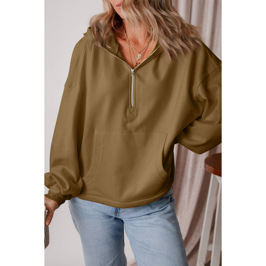 Pocketed Half Zip Dropped Shoulder Hoodie Apparel and Accessories