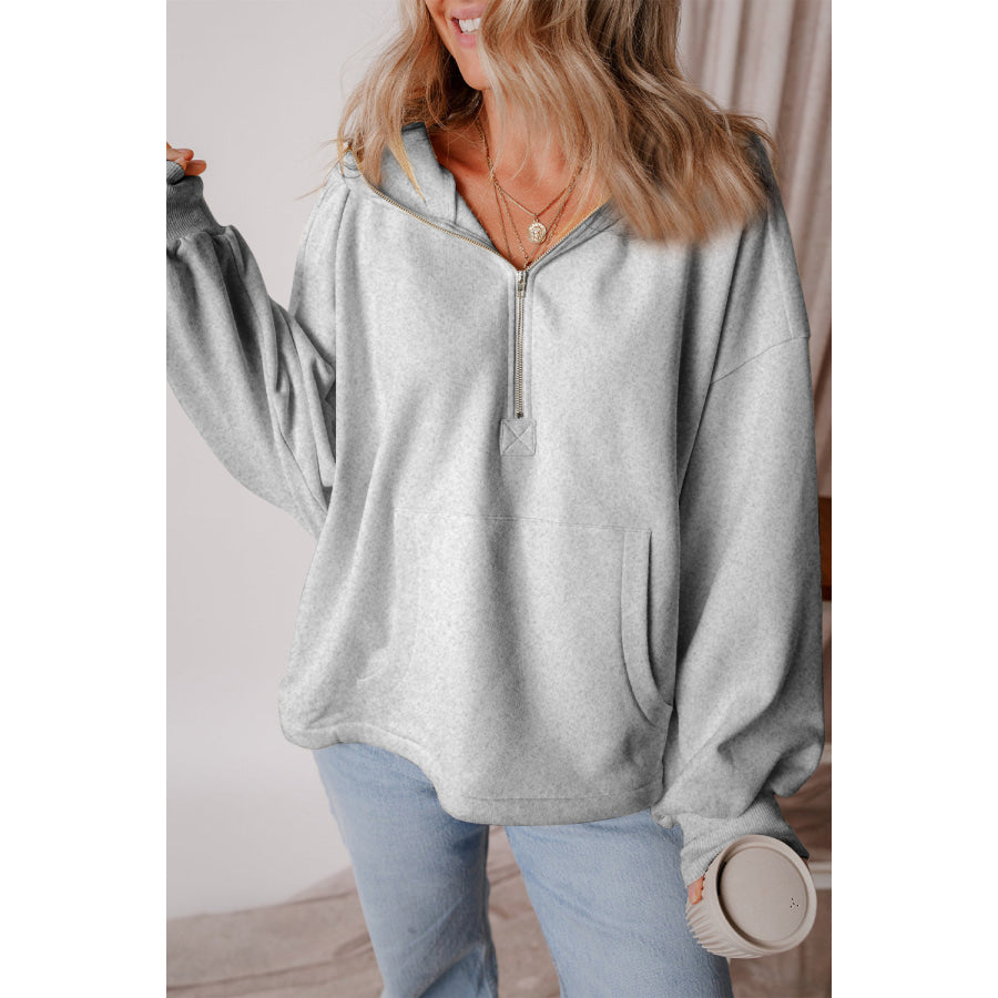 Pocketed Half Zip Dropped Shoulder Hoodie Apparel and Accessories