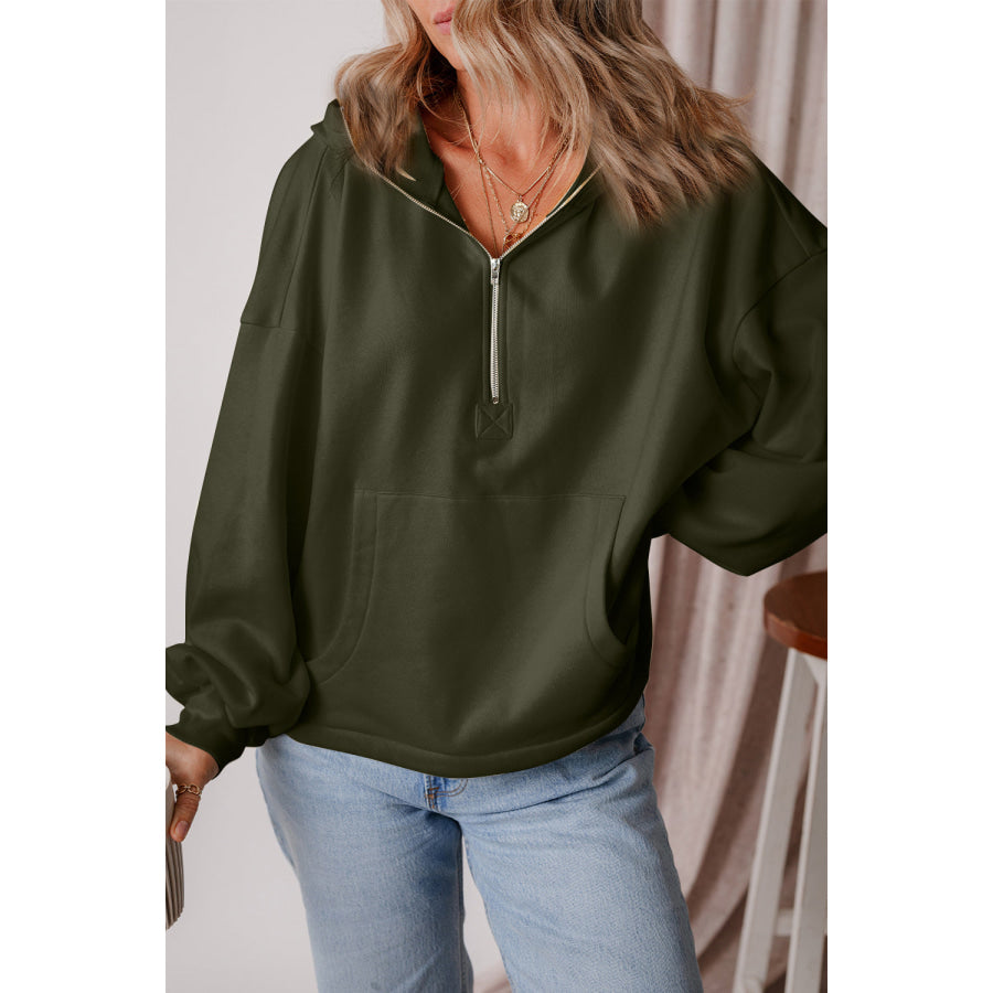 Pocketed Half Zip Dropped Shoulder Hoodie Army Green / S Apparel and Accessories