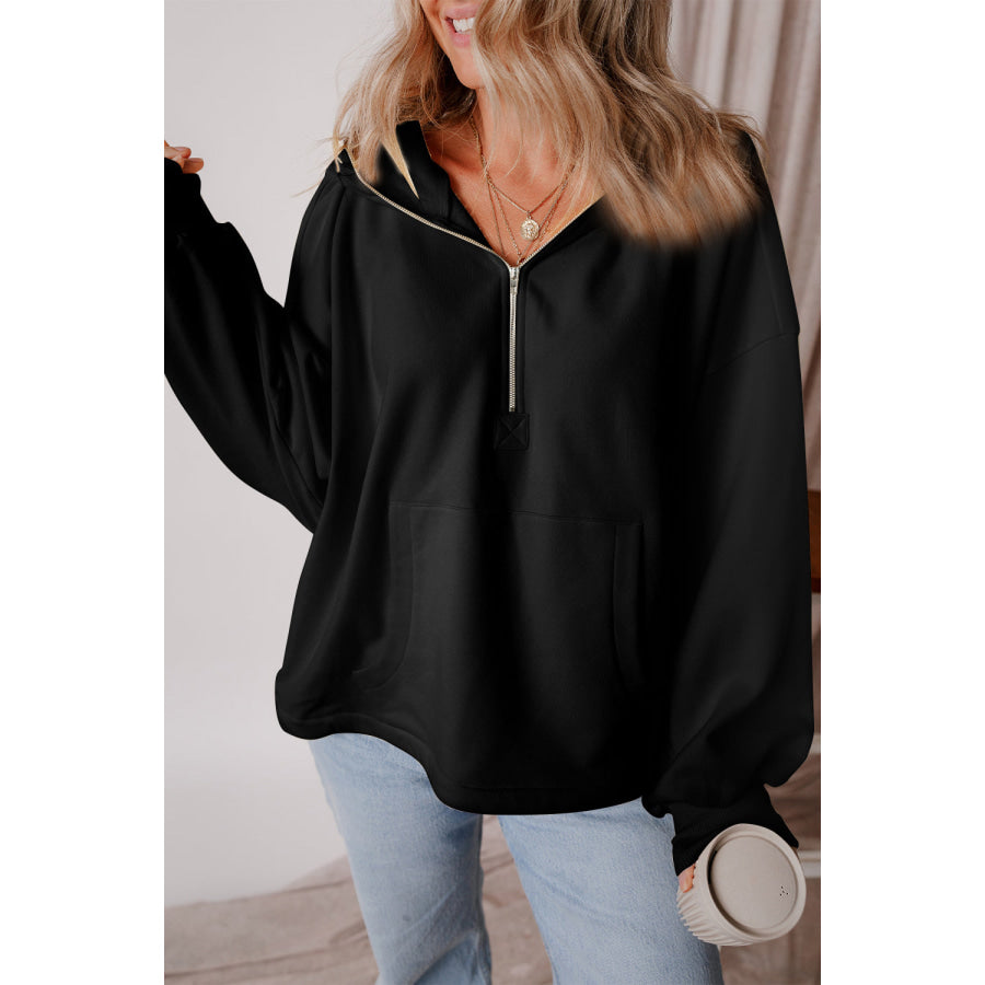 Pocketed Half Zip Dropped Shoulder Hoodie Black / L Apparel and Accessories