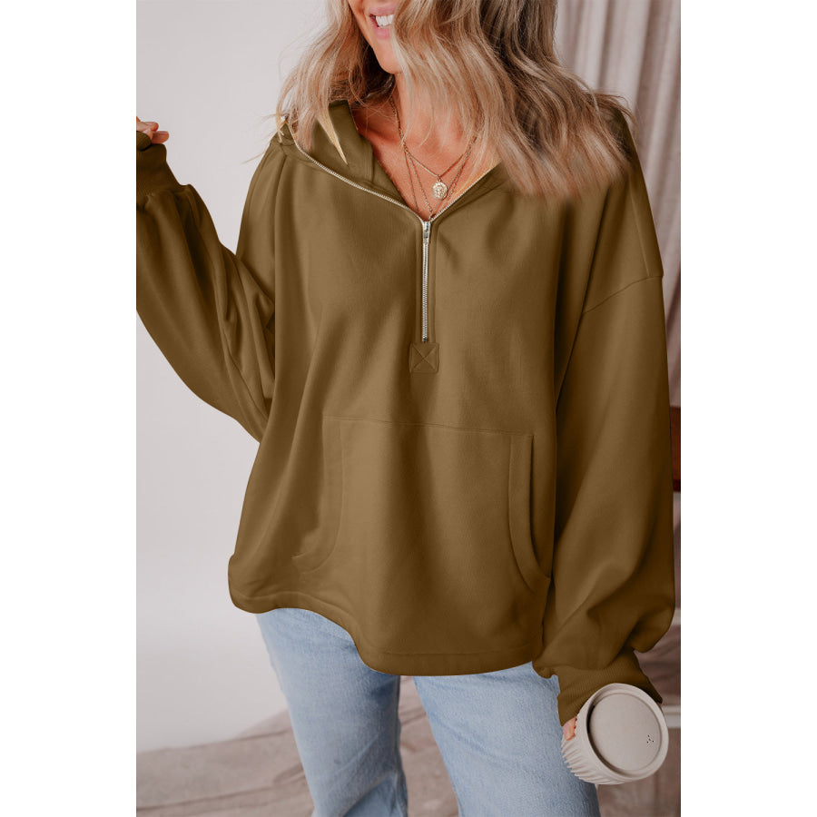 Pocketed Half Zip Dropped Shoulder Hoodie Coffee Brown / S Apparel and Accessories