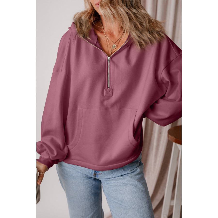 Pocketed Half Zip Dropped Shoulder Hoodie Dusty Pink / S Apparel and Accessories