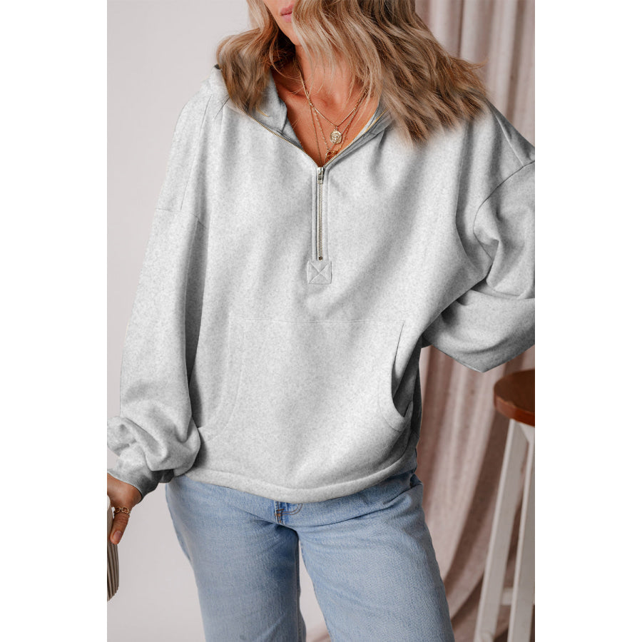 Pocketed Half Zip Dropped Shoulder Hoodie Light Gray / S Apparel and Accessories