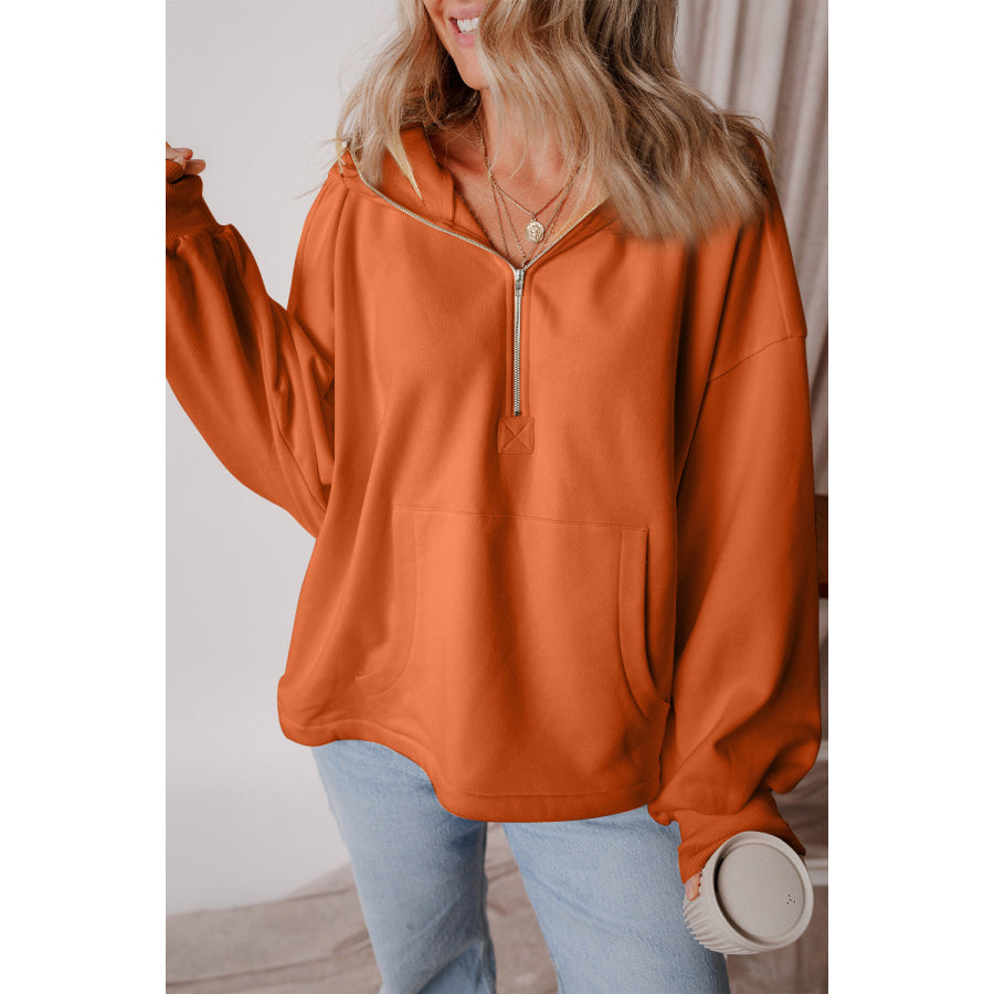 Pocketed Half Zip Dropped Shoulder Hoodie Orange / S Apparel and Accessories