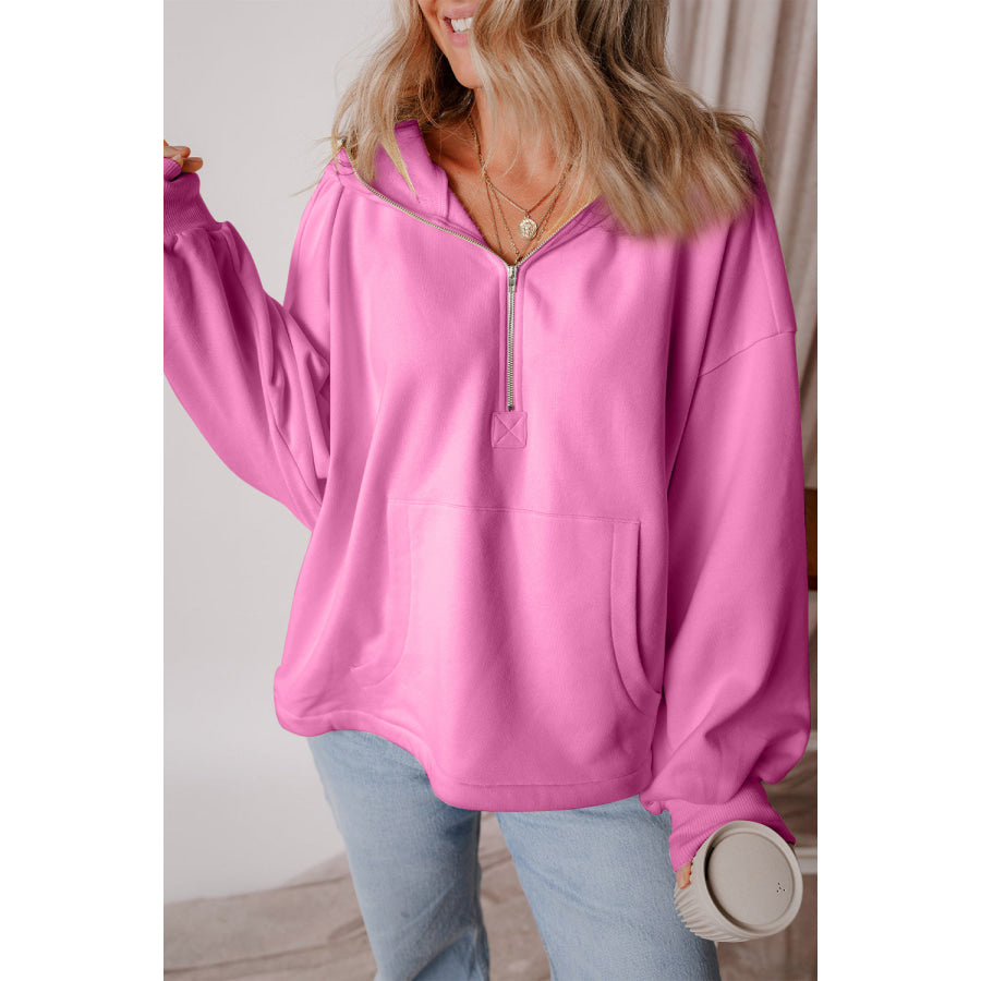 Pocketed Half Zip Dropped Shoulder Hoodie Pink / S Apparel and Accessories