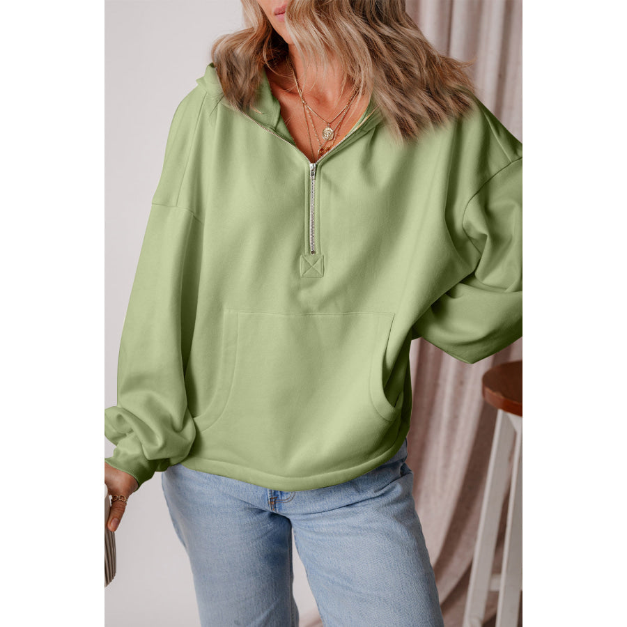 Pocketed Half Zip Dropped Shoulder Hoodie Sage / S Apparel and Accessories