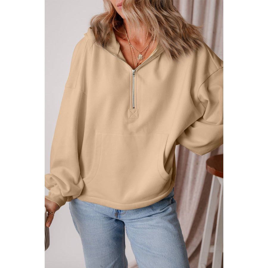 Pocketed Half Zip Dropped Shoulder Hoodie Tan / S Apparel and Accessories