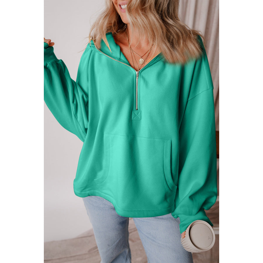 Pocketed Half Zip Dropped Shoulder Hoodie Turquoise / S Apparel and Accessories