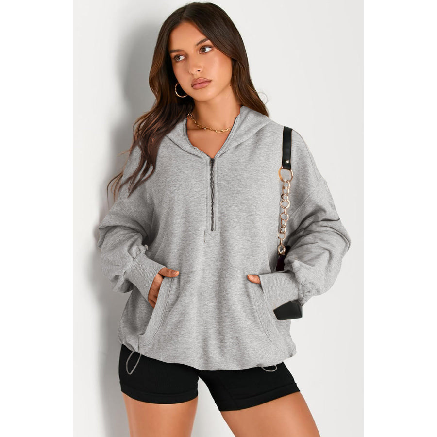 Pocketed Half Zip Long Sleeve Hoodie Apparel and Accessories