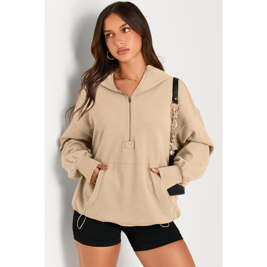 Pocketed Half Zip Long Sleeve Hoodie Apparel and Accessories