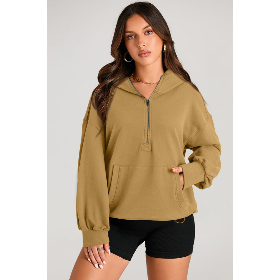 Pocketed Half Zip Long Sleeve Hoodie Apparel and Accessories