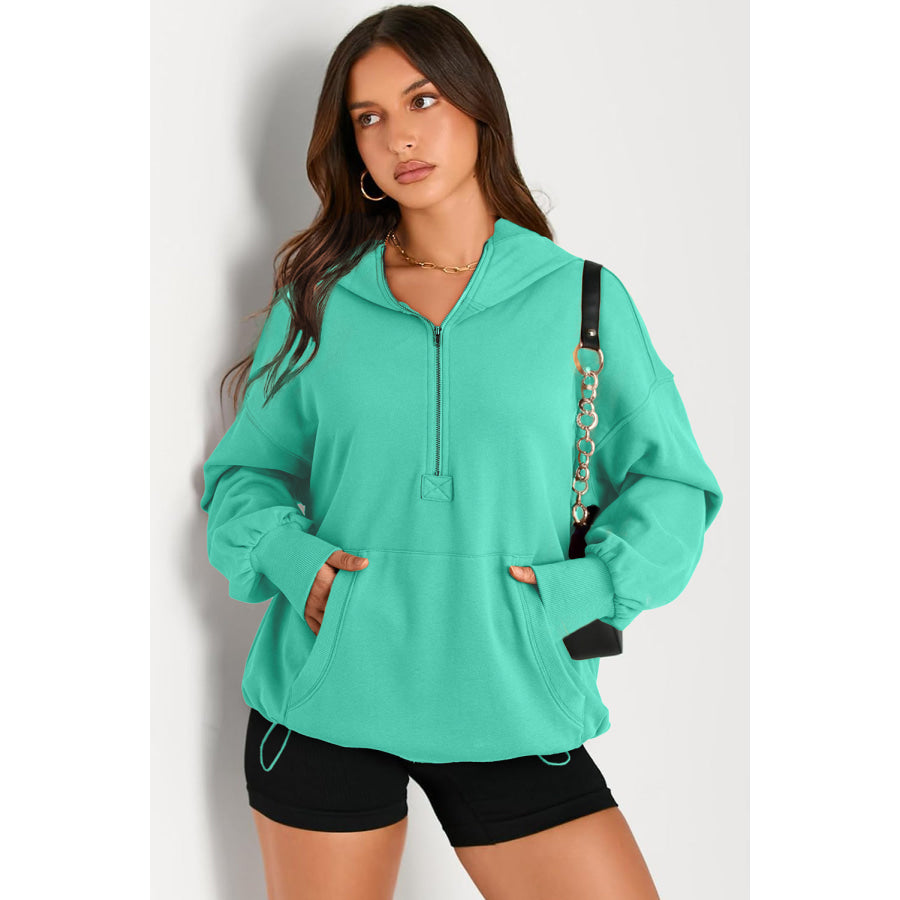 Pocketed Half Zip Long Sleeve Hoodie Apparel and Accessories