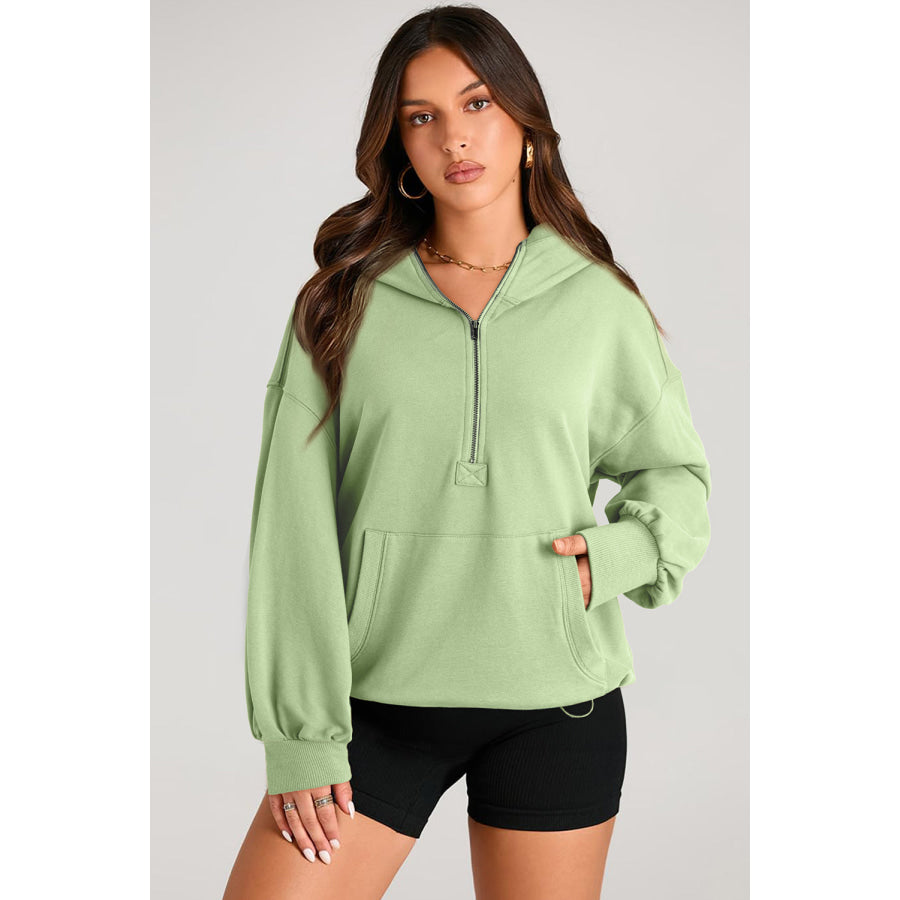 Pocketed Half Zip Long Sleeve Hoodie Apparel and Accessories