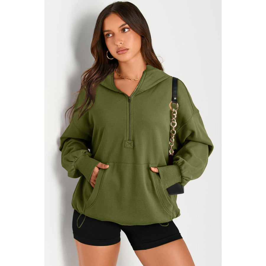 Pocketed Half Zip Long Sleeve Hoodie Apparel and Accessories