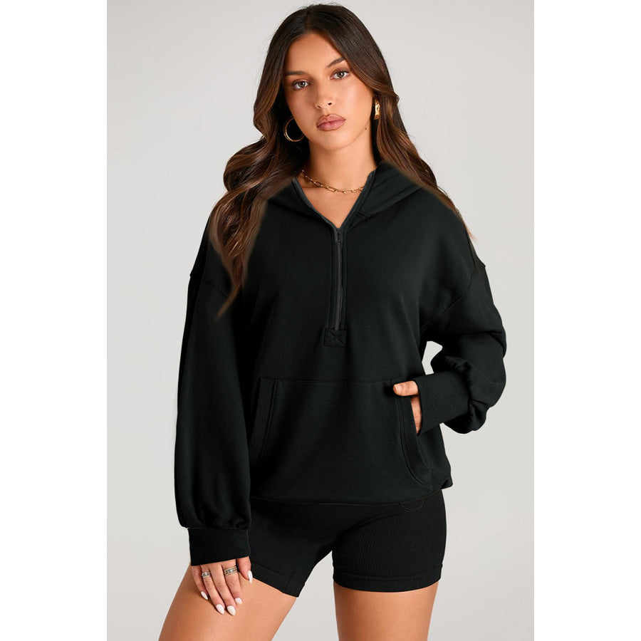 Pocketed Half Zip Long Sleeve Hoodie Apparel and Accessories