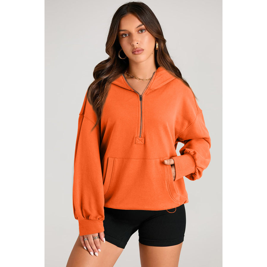 Pocketed Half Zip Long Sleeve Hoodie Apparel and Accessories