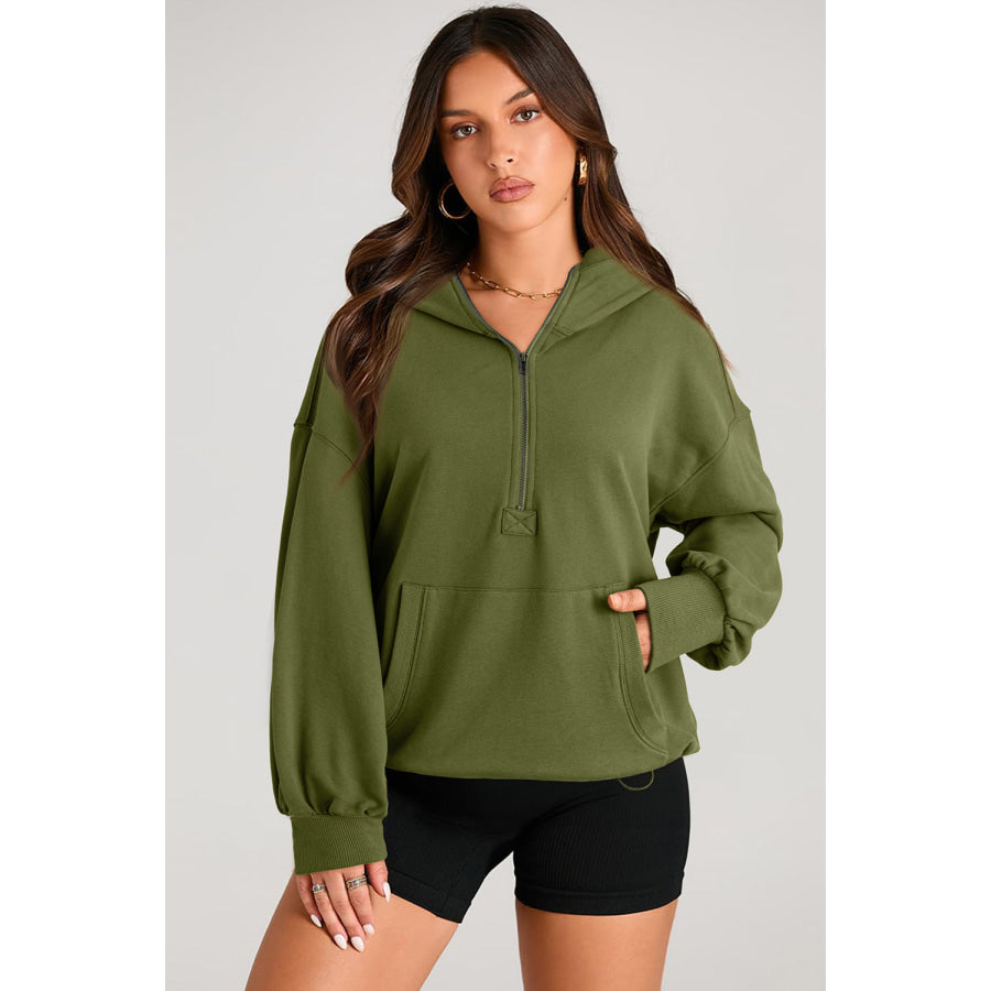 Pocketed Half Zip Long Sleeve Hoodie Army Green / S Apparel and Accessories