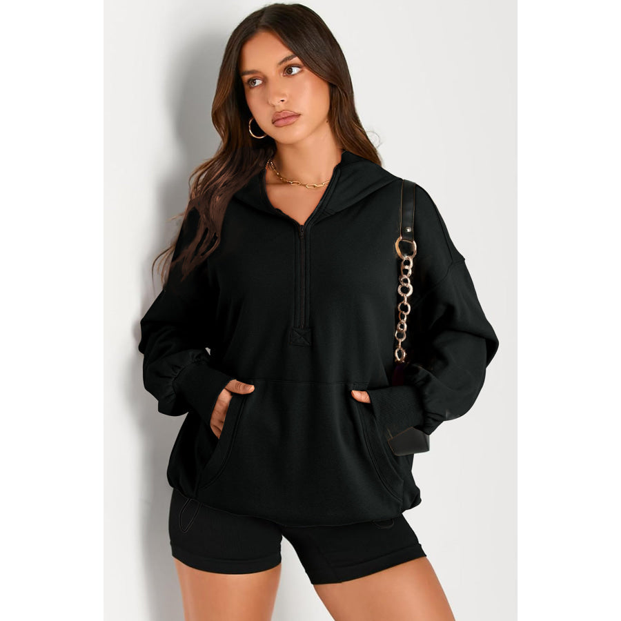 Pocketed Half Zip Long Sleeve Hoodie Black / S Apparel and Accessories