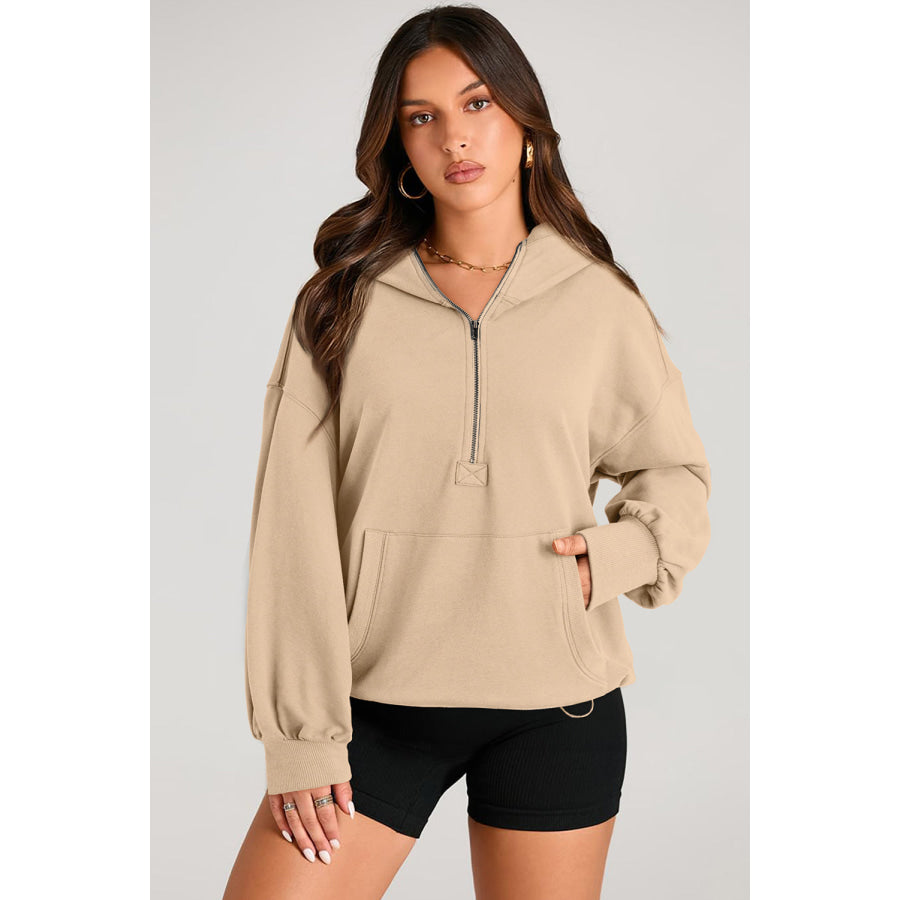 Pocketed Half Zip Long Sleeve Hoodie Dust Storm / S Apparel and Accessories