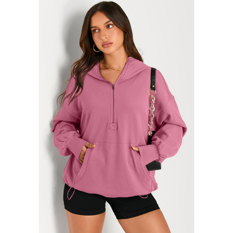 Pocketed Half Zip Long Sleeve Hoodie Dusty Pink / S Apparel and Accessories