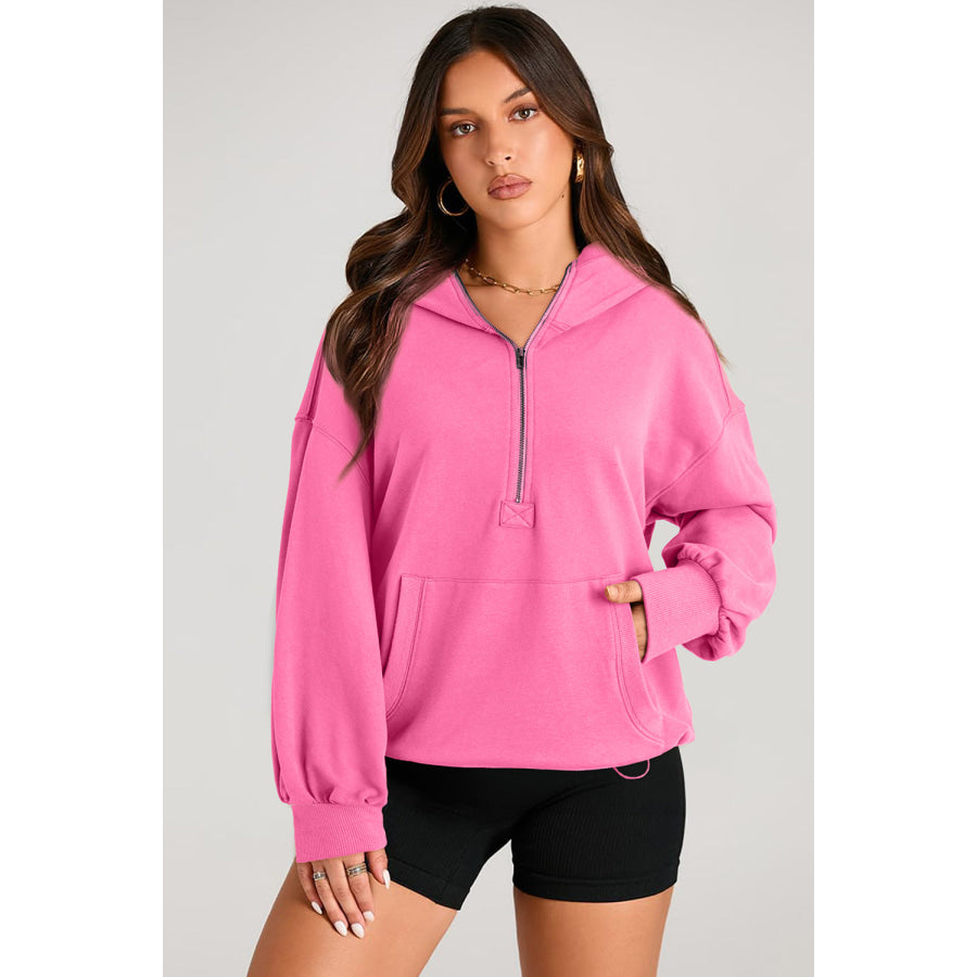 Pocketed Half Zip Long Sleeve Hoodie Fuchsia Pink / S Apparel and Accessories